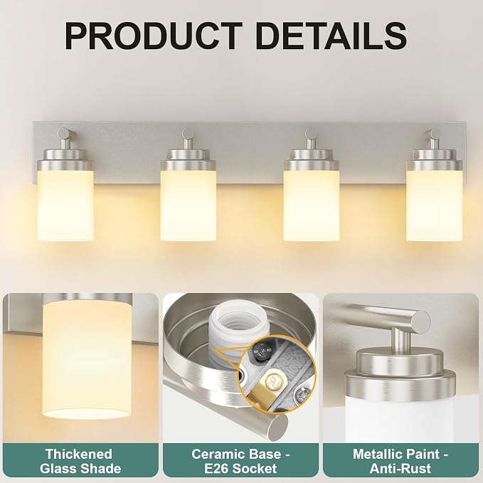 IZORRO Bathroom Vanity Light Fixture, 4-Light 27.5 Inch Brushed Nickel Bathroom - Image 3