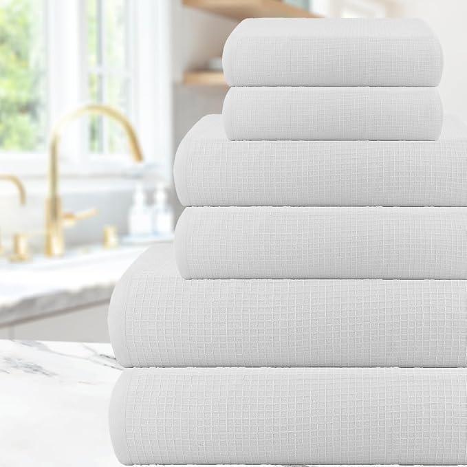 CASA COPENHAGEN Waffle Towel, 6Pieces 100% Cotton Large Towel Set- White - Image 4