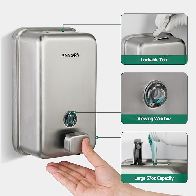 Commercial Wall Mounted Soap Dispenser 37oz 1100ml Large Capacity Brushed - Image 5