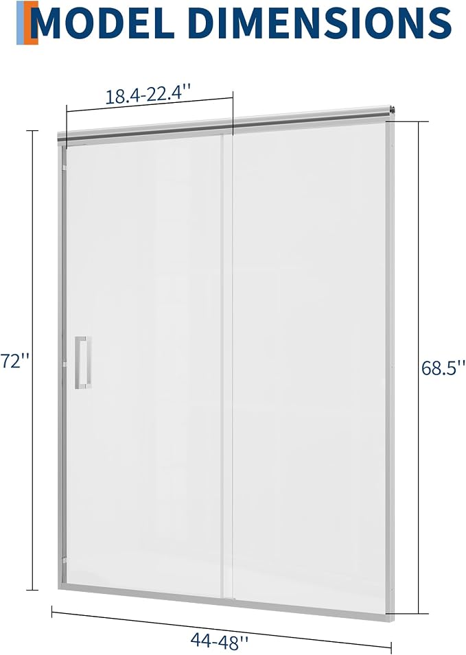 Shower Door 72" x 56-60", 1/4" Clear SGCC Tempered Glass, Semi-Frameless Design - Image 2