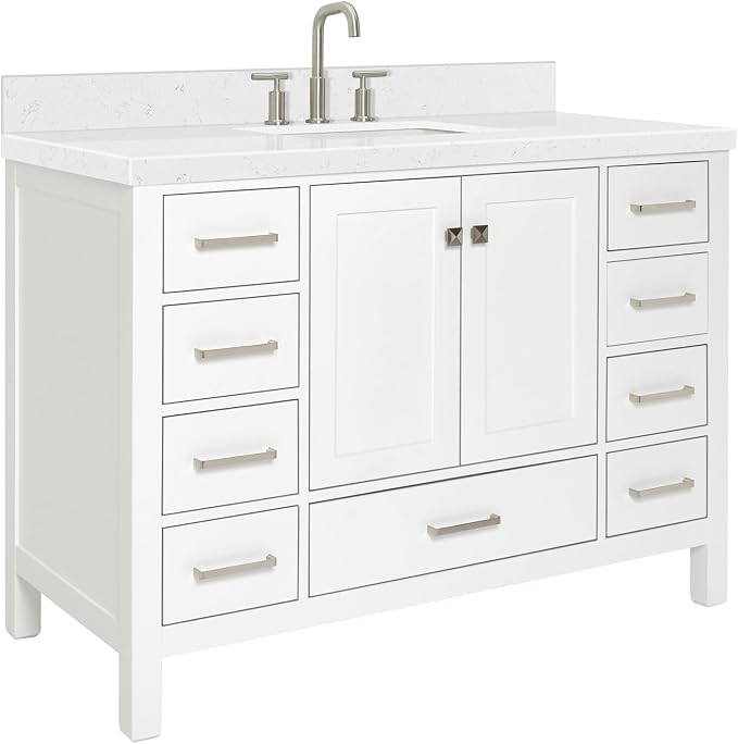 ARIEL Cambridge 48" White Bathroom Vanity, 1.5" Edge Carrara White Quartz - Image 8