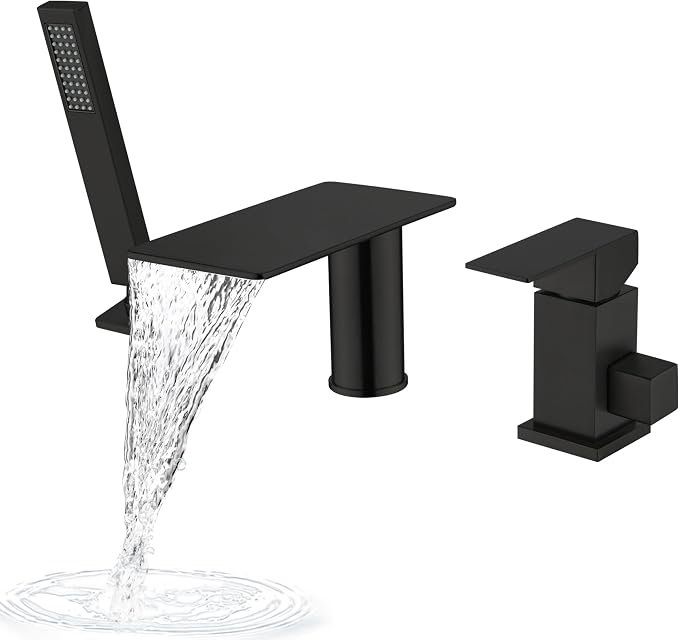 Roman Tub Faucet with Hand Shower, Matte Black Deck Mount Waterfall Tub Faucet by GUOYINDONG-EnjoyEveryShower