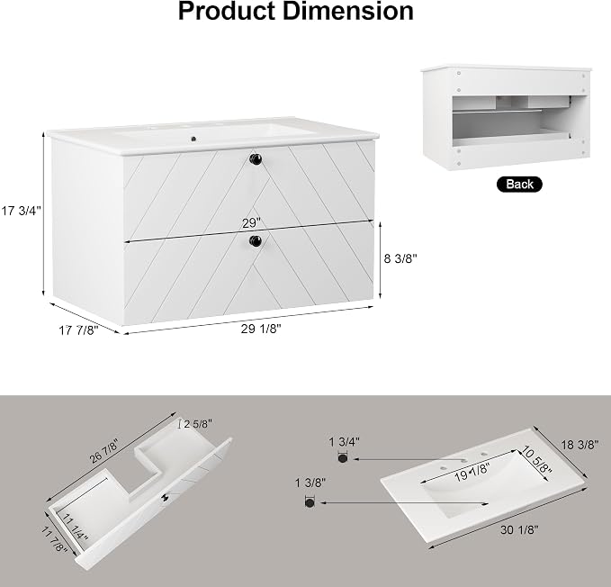 Floating Vanity with Sink 30", Bathroom Vanities Cabinet with White Ceramic Sink - Image 2