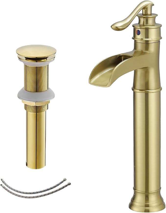 BWE Waterfall Vessel Sink Faucet Brushed Gold Single Handle Tall Single Hole by BWE