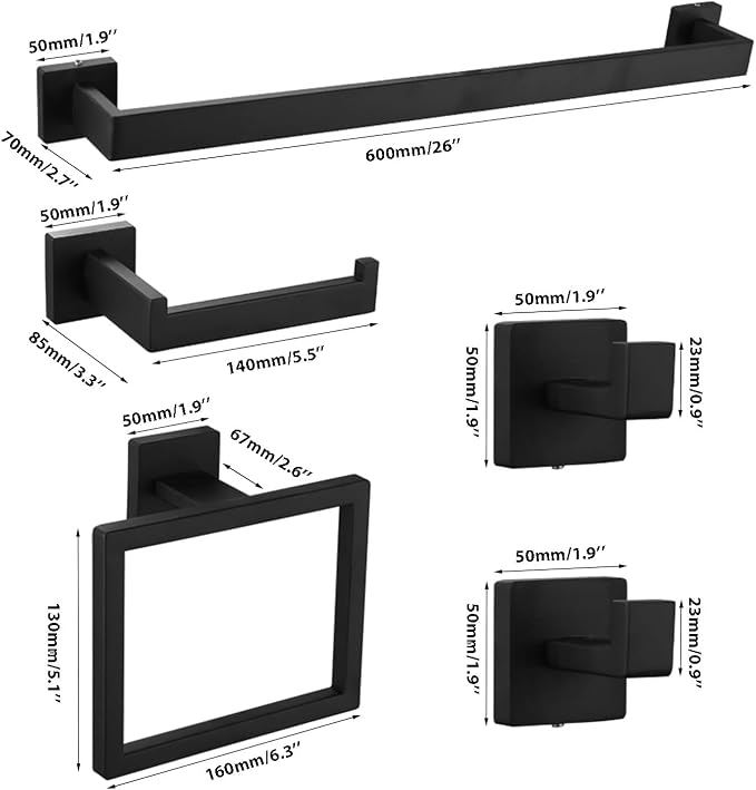 Matte Black Bathroom Accessories Set, 22.2 Inch Bath Towel Bar Set, Stainless - Image 6