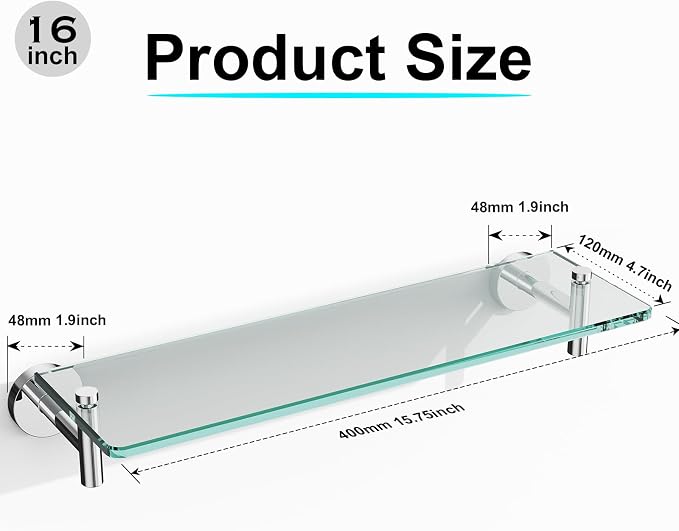 Glass Shelves for Bathroom, 16-Inch Chrome Polished Floating Bathroom Shelf - Image 3