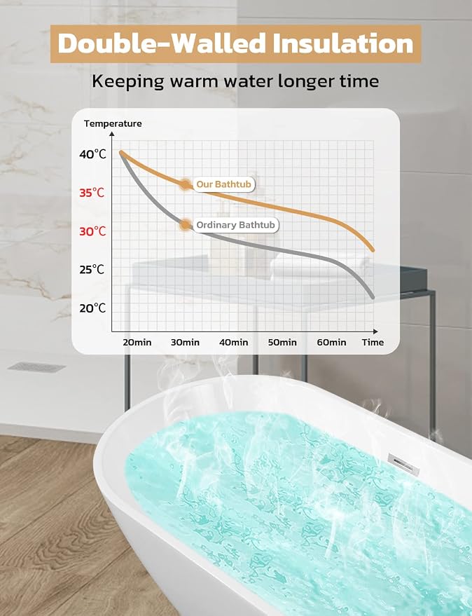 55" Sleek White Acrylic Freestanding Bathtub, Soaking Tub - Image 7