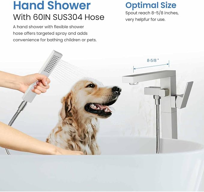 KIBI Cube Brushed Nickel Freestanding Bathtub Faucet ‑ Floor‑Mounted Brass Tub - Image 7