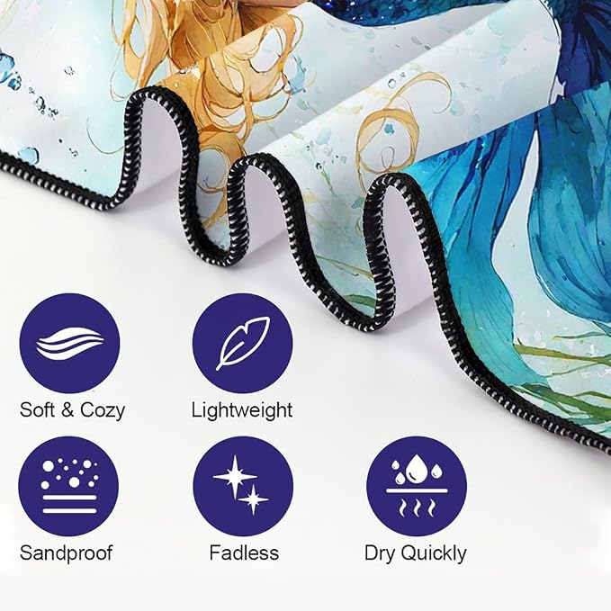 Blue-Green Scallop Mermaid Tail Beach Towel 36"x72" Golden Highlights Quick Dry - Image 2