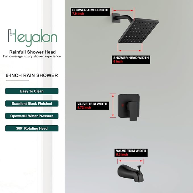 Heyalan Bathtub Shower Faucet Set, 6 Inch Square Trim Kit - Image 4