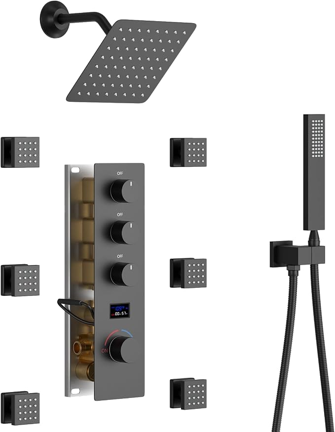Matte Black Shower System with 6 PCS Body Jet, 8 inch Wall Mount Rain Shower by KATAIS