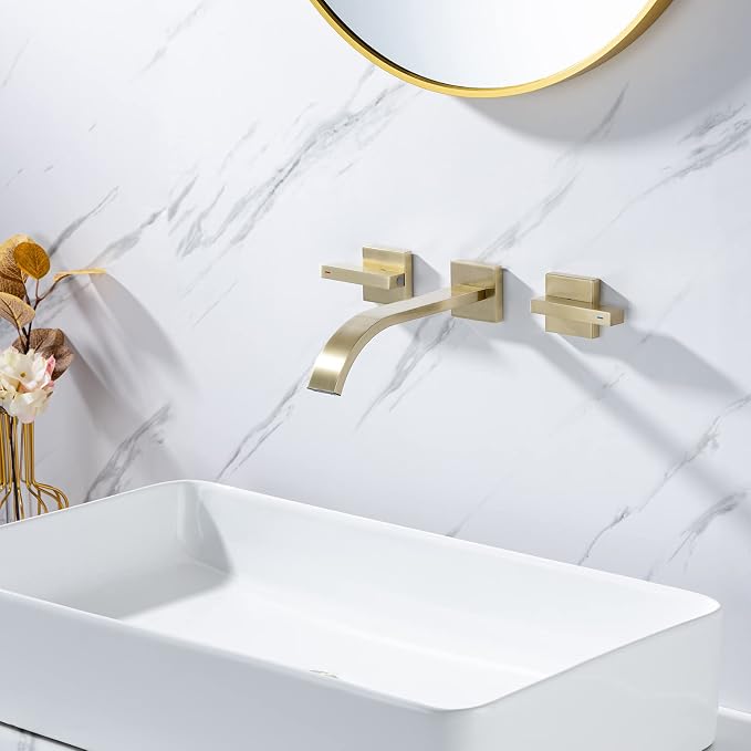 Brass Wall Faucet Brushed Gold Wall Mounted Bathroom Faucet, Wall Mount - Image 2