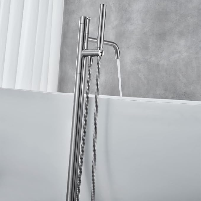 Freestanding Bathtub Faucet Floor Mount Tub Filler Brushed Nickel Brass Single - Image 4