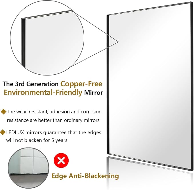 30x48 Inch Black Bathroom Mirror, Copper-Free Mirror, Aluminum Alloy Frame - Image 2