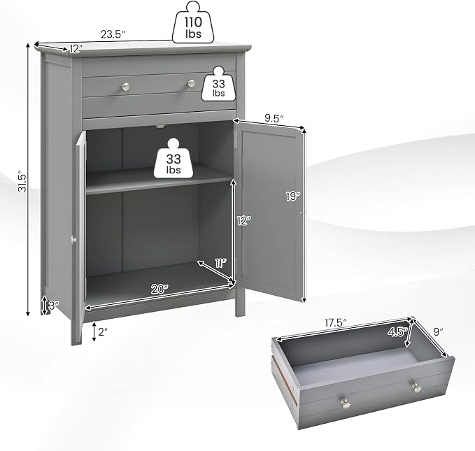 COSTWAY Bathroom Floor Cabinet, Wooden Side Storage Organizer w/Larger Drawer - Image 3