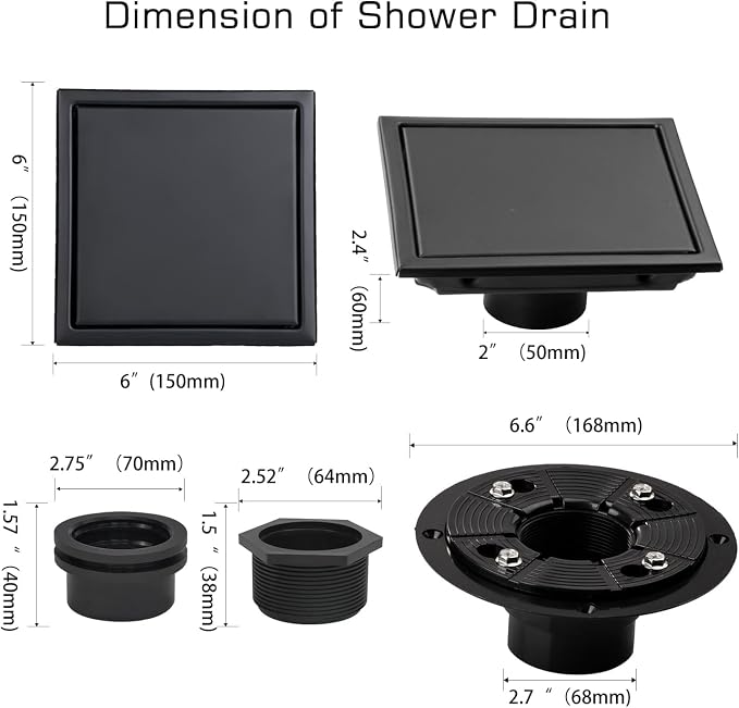 Square Shower Drain, AISI 304 Stainless Steel Matte Black Shower Floor Drain - Image 6