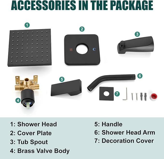 Heyalan Bathtub Shower Faucet Set, 6 Inch Square Trim Kit - Image 9