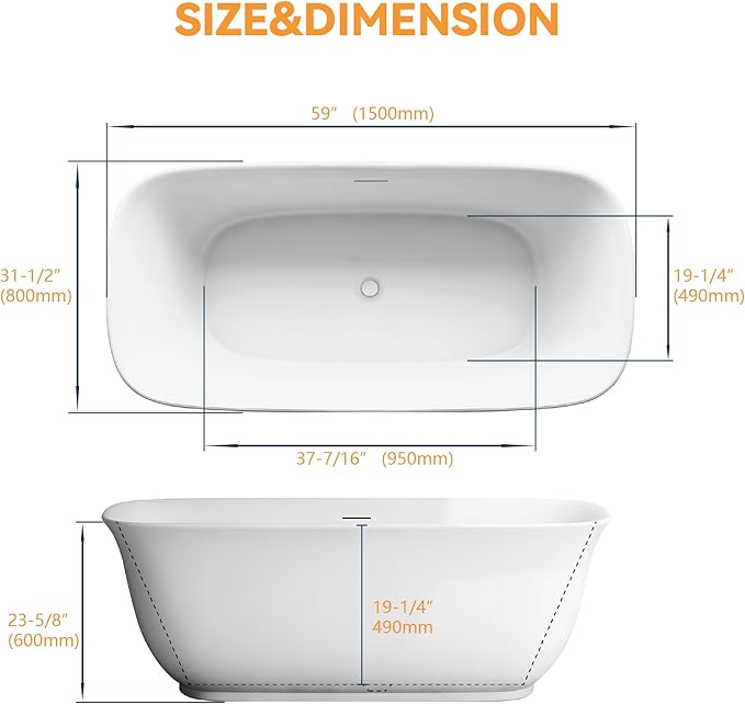 59" Acrylic Freestanding Bathtub, Soaking Tub - Image 8