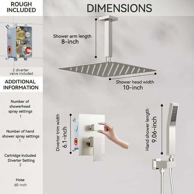 Shower Faucet Set Brushed Nickel Shower System, Starbath 10 Inch Rain Shower - Image 6