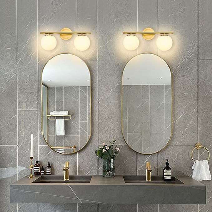 New Bathroom Vanity Light Fixtures 2 Lights Brushed Brass Milk White Globe - Image 2
