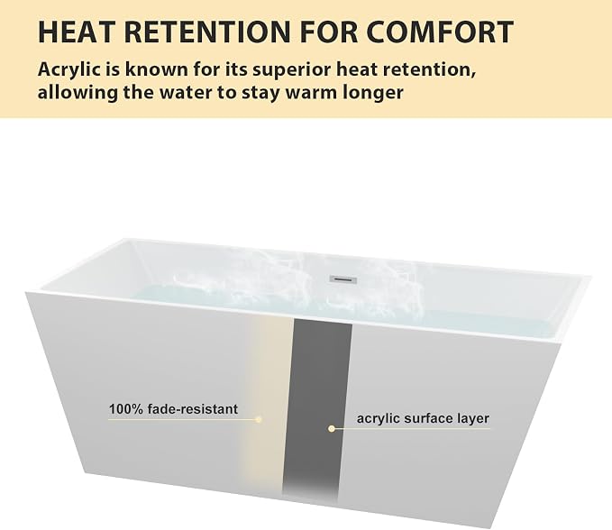 Logmey 67 Inch Bathtub White Acrylic Freestanding Rectangle Deep Soaking Tub - Image 6