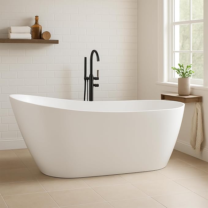 59 in Acrylic Freestanding Bathtub, Contemporary Stand Alone Tub, Glossy White - Image 6