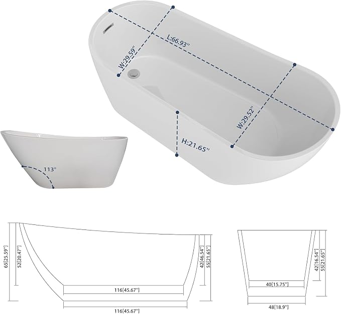 Sarlai 67 Inch Acrylic Freestanding Soaking Bathtub Contemporary Soaking White - Image 8