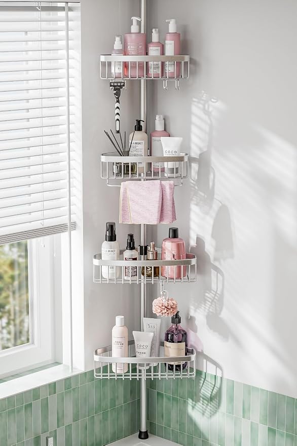 Corner Shower Caddy Tension Pole: Adjustable Rustproof 4-Tier Inside Bathroom by ESSEMELLC