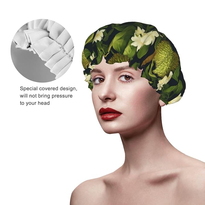 Durian and Floral Shower Cap for Women Reusable Waterproof Stylish Bath Hat - Image 4