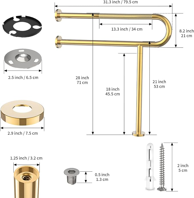 Toilet Support Rail 31.3X 31.5 Inch, Munzong Anti-Slip Gold Handicap Grab Bar - Image 2