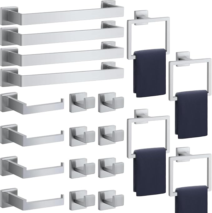 Bathroom Accessories Towel Bar Set: 20 Pieces Brushed Nickel Square Bathroom by PAHSFSLLC
