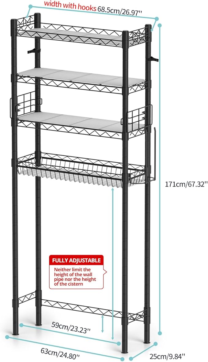 Over Toilet Bathroom Organizer, Adjustable 4-Tier Over The Toilet Storage Shelf - Image 3