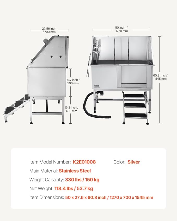 VEVOR Stainless Steel Dog Washing Station, 50 inch Pet Grooming Tub w/Stairs - Image 7
