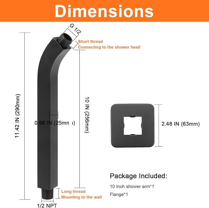 HarJue Shower Arm with Flange and Teflon Tape, Wall Mounted Square Shower Pipe - Image 2