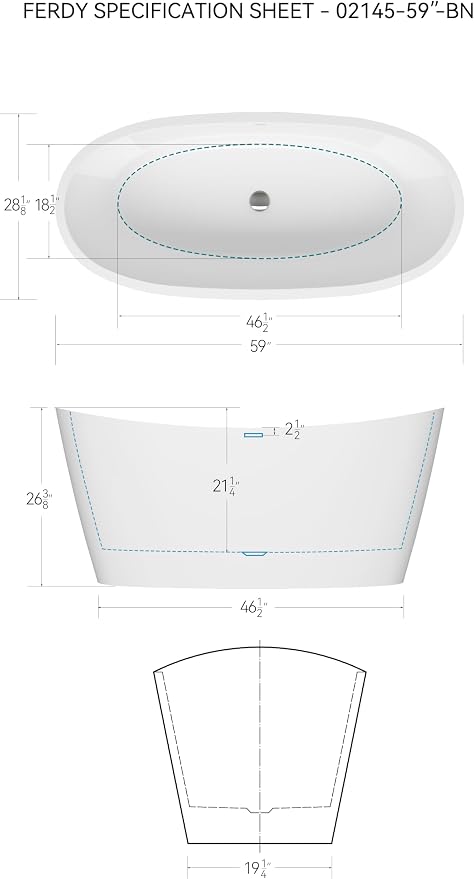 FerdY Naha Elite 59" Acrylic Freestanding Bathtub, Curve Edge Freestanding - Image 4
