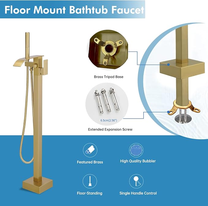 RUMOSE Tub Filler Freestanding Bathtub Faucet Brushed Gold Floor Mount Tub - Image 8