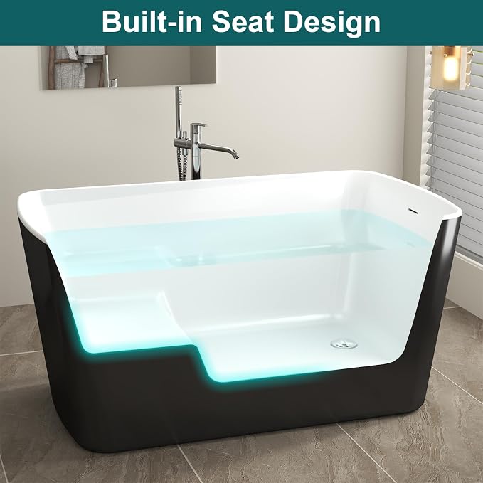 49" Glossy White Acrylic Freestanding Soaking Tub w/Seat- Contemporary Design - - Image 3