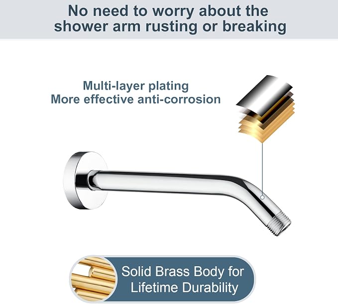 BRIGHT SHOWERS Shower Arm with Flange 10 Inches Solid Brass Shower Head - Image 2