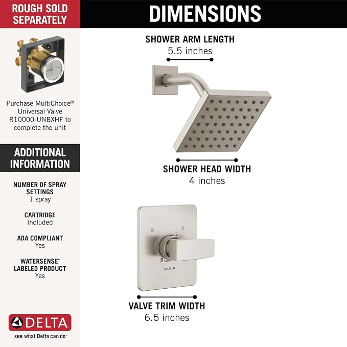 Delta Modern 14 Series Shower Faucet Set, Brushed Nickel Shower Head and Handle - Image 3