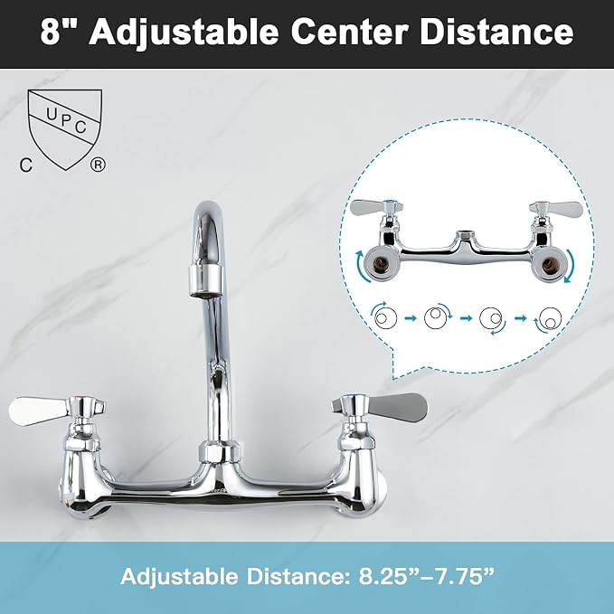 Wall Mount Faucet 8 Inch Center Commercial Kitchen Faucet, 12 Inches Swivel - Image 3