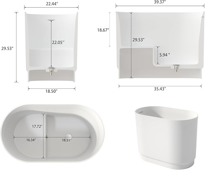 SJ Star&Jane 39" Solid Surface Japanese Soaking Bathtub Stone Resin - Image 9