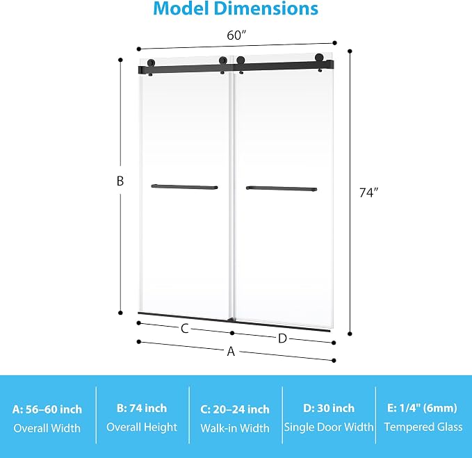 Stainless Steel Sliding Shower Door, 56-60" Adjustable Width x 74" Height - Image 2