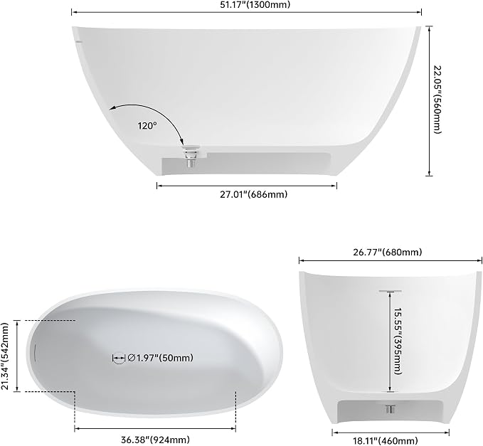 51" Premium Solid Surface Freestanding Bathtubs, Unique Oval Stone Resin Bath - Image 5