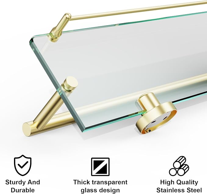 24-Inch Towel Rack with Shelf -Tempered Glass Bathroom Shelf with Towel Bar - Image 5