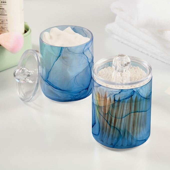 MNSRUU 2 Pack Qtip Holder Organizer Dispenser Blue Marble Fluid Art Bathroom - Image 5