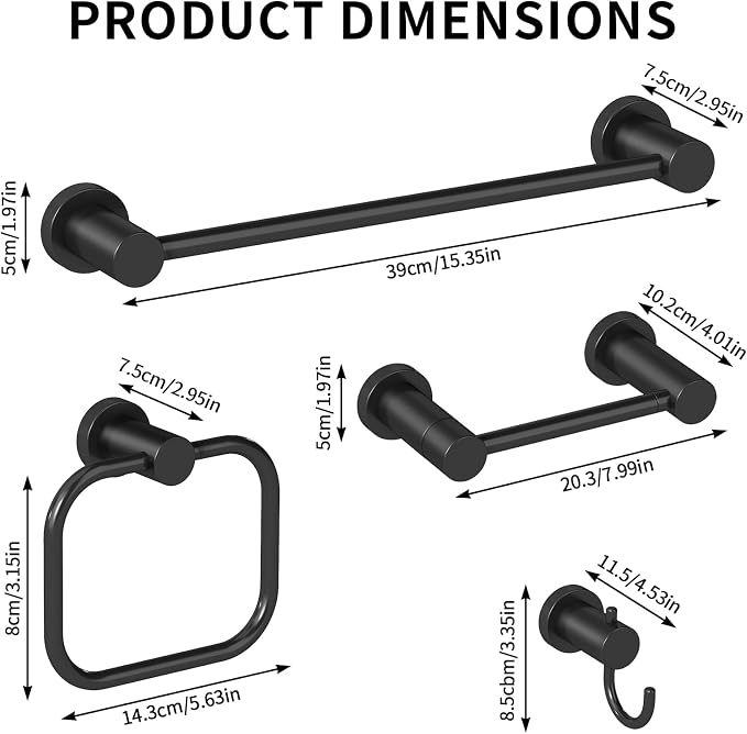 4-Pieces Bathroom Hardware Set Black, Stainless Steel 16 Inch Towel Bar Set - Image 6