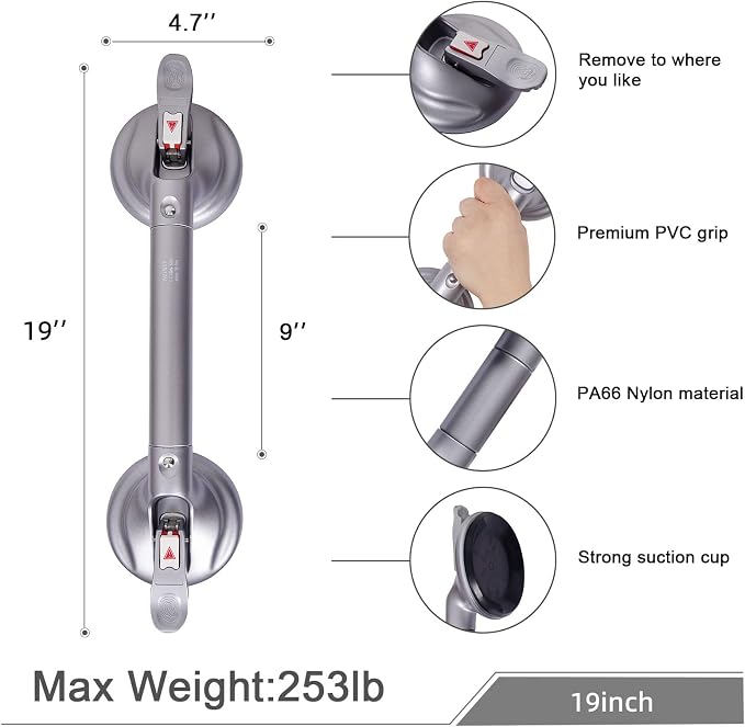 19inch Shower Suction Grab Bar, Portable Shower Handle Bar Suction Grip Bar - Image 2
