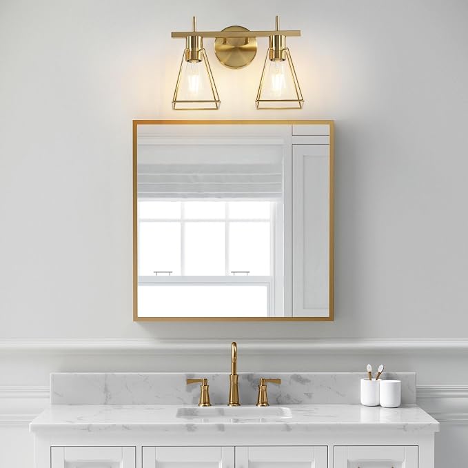 Industrial Bathroom Vanity Lights: 2-Lights Brush Gold Vintage Metal Cage Wall - Image 5