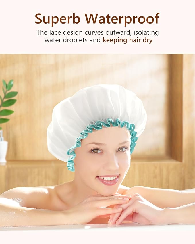 mikimini White Shower Cap for Long Hair 1 Pack, 12 inch large size, Waterproof - Image 5