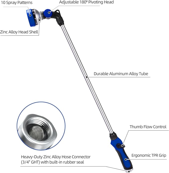 Watering Wand for Garden Hose, 30 Inch, 10 Spray Patterns, Thumb Control Garden - Image 2
